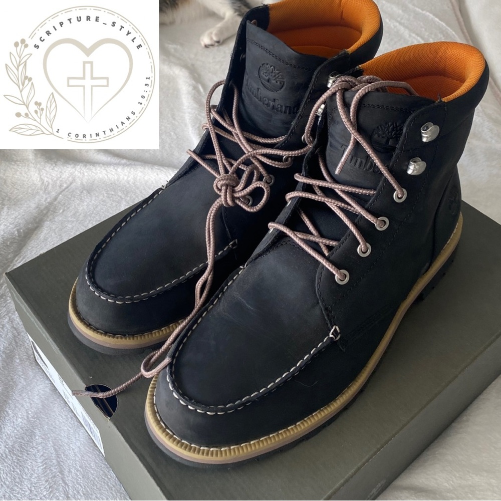 Timberland Black and Orange Moc-Toe Boots